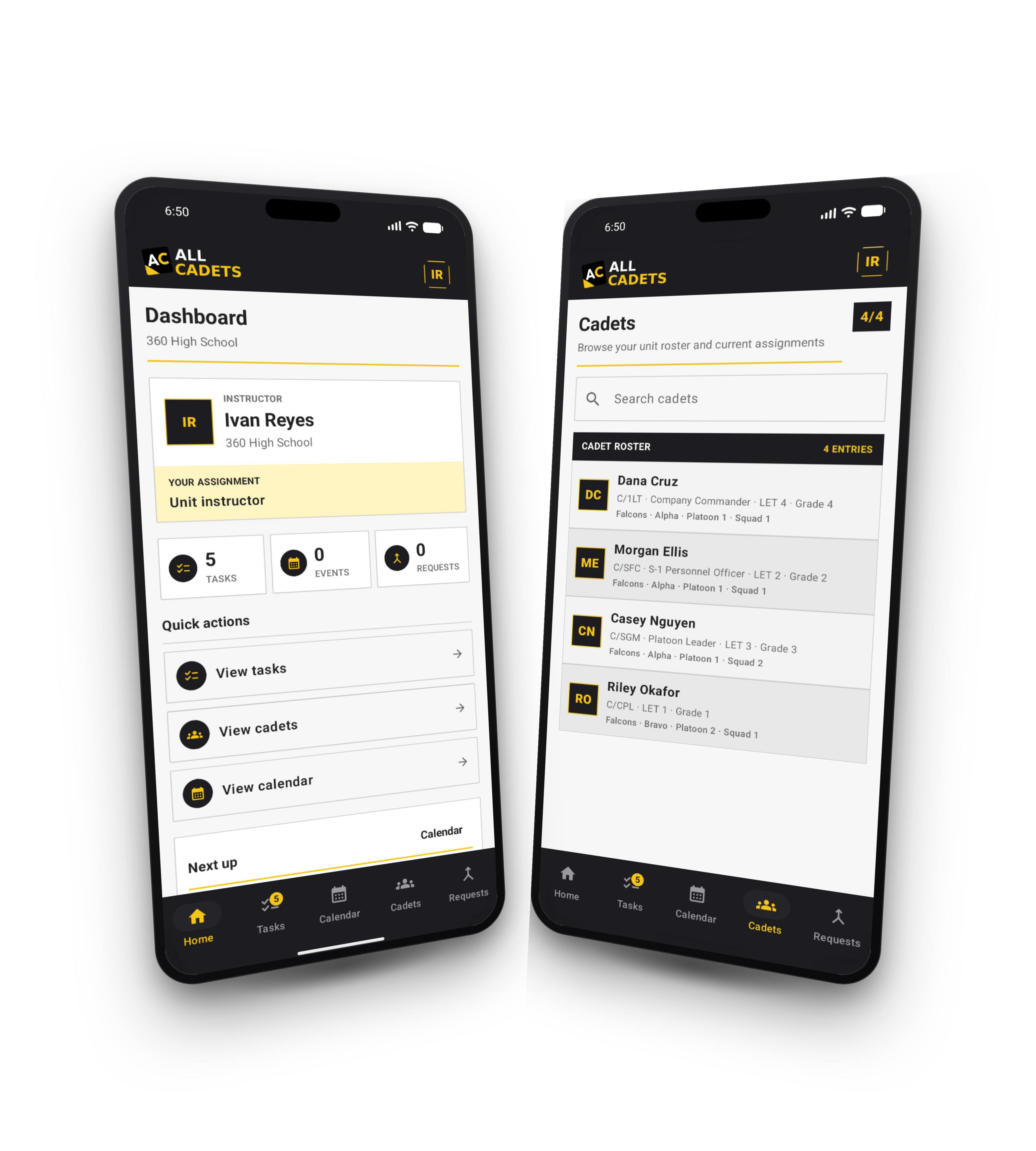 All Cadets mobile showing the dashboard and Cadet roster.